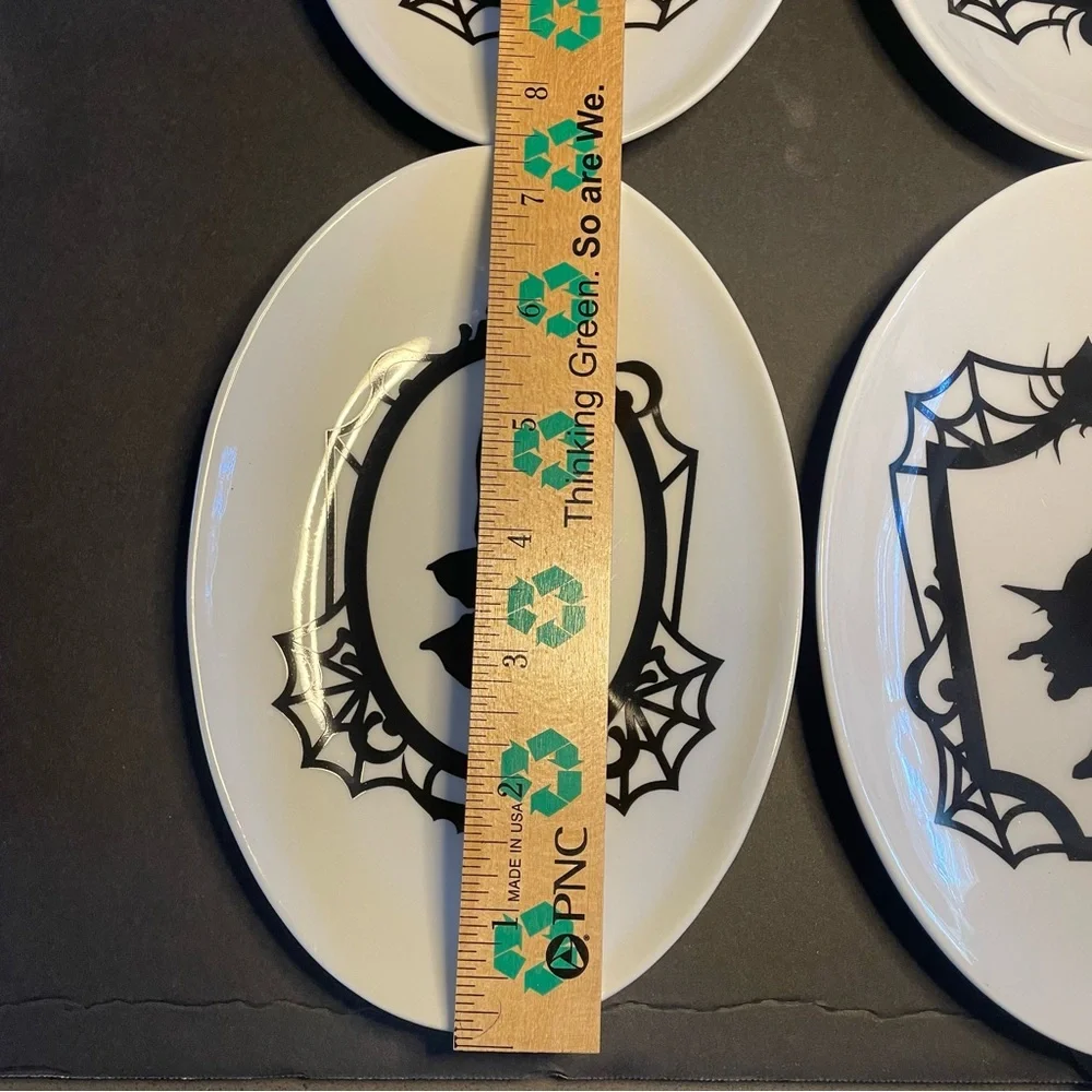 Crate & Barrel Halloween Appetizer Plates Oval Set of 4 Witch Silhouettes
